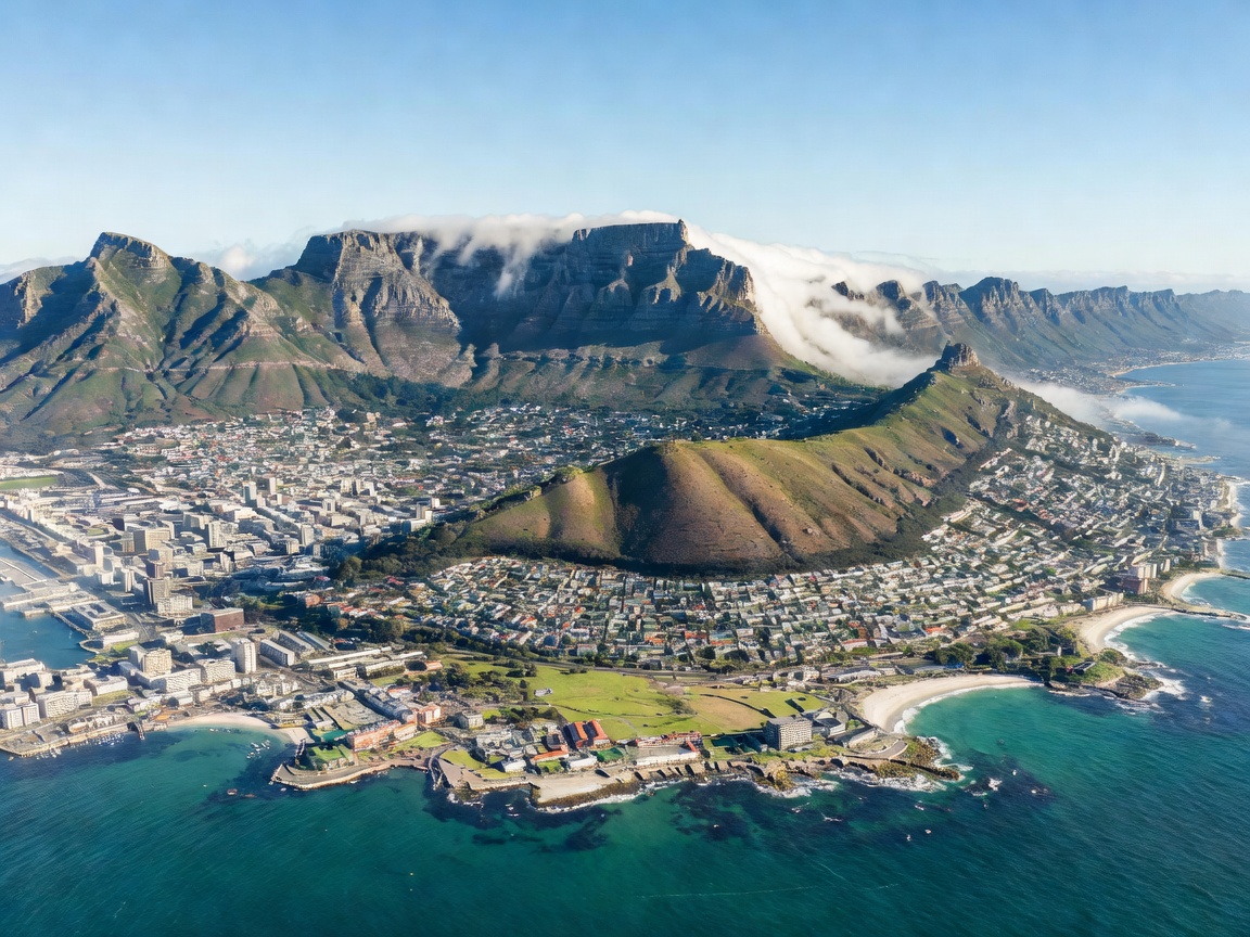 Aerial view of Table Mountain and Cape Town coastline