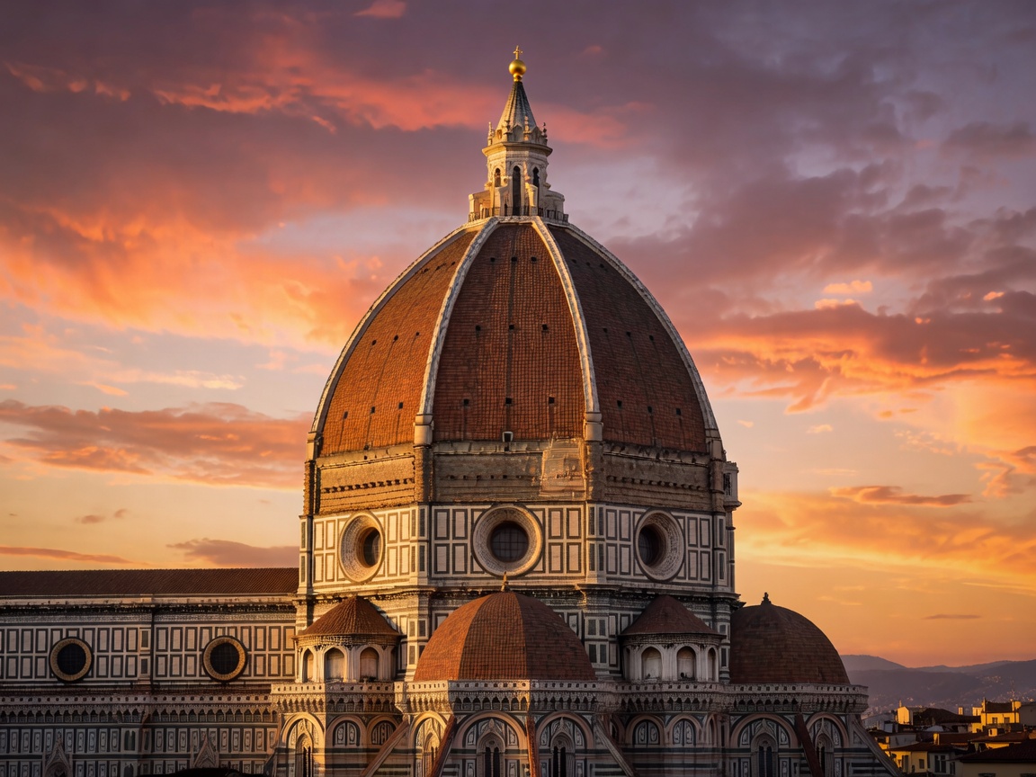 Florence Cathedral Duomo dome illuminated during sunset