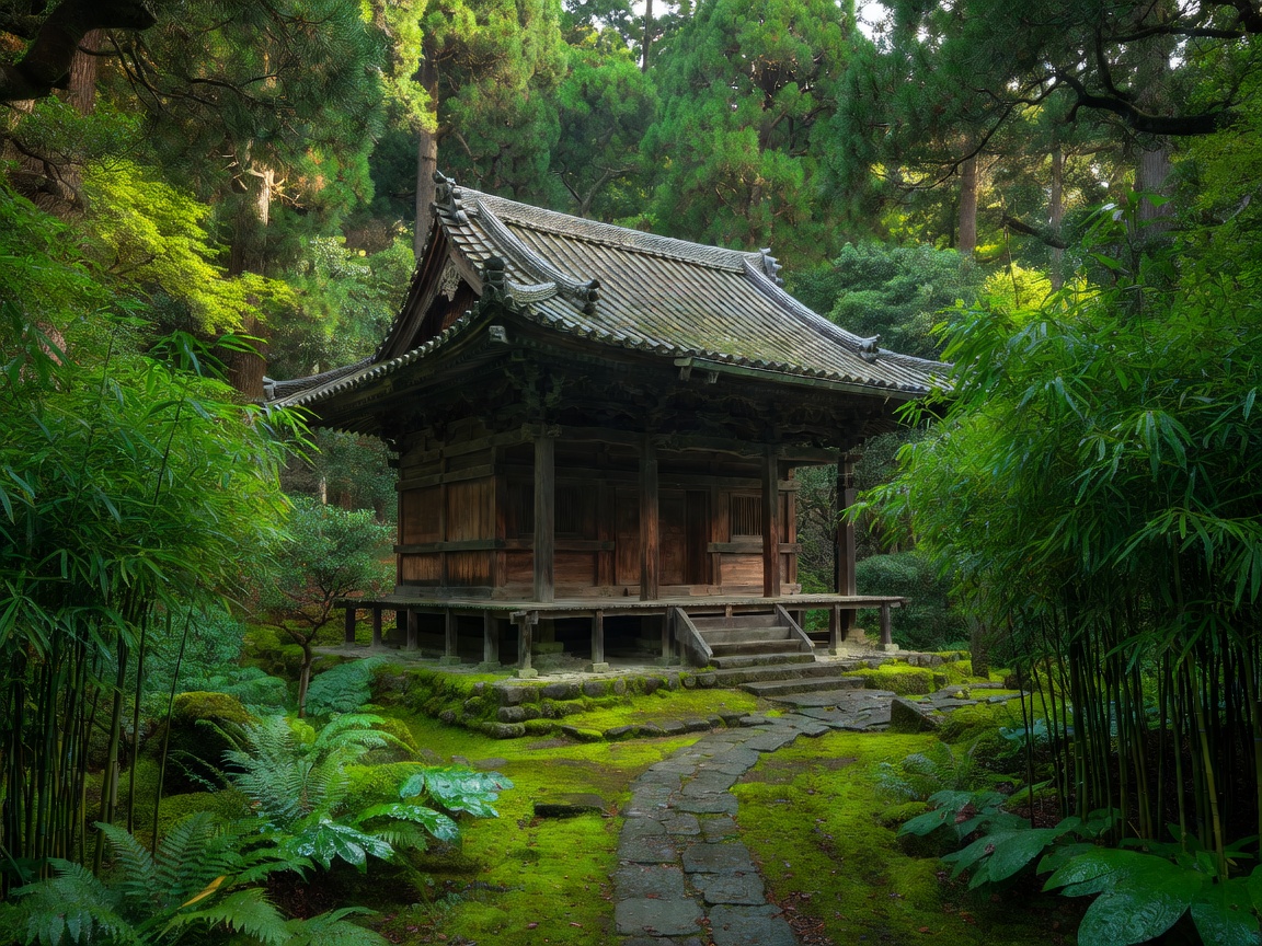 Kyoto historic wooden temple surrounded by lush greenery