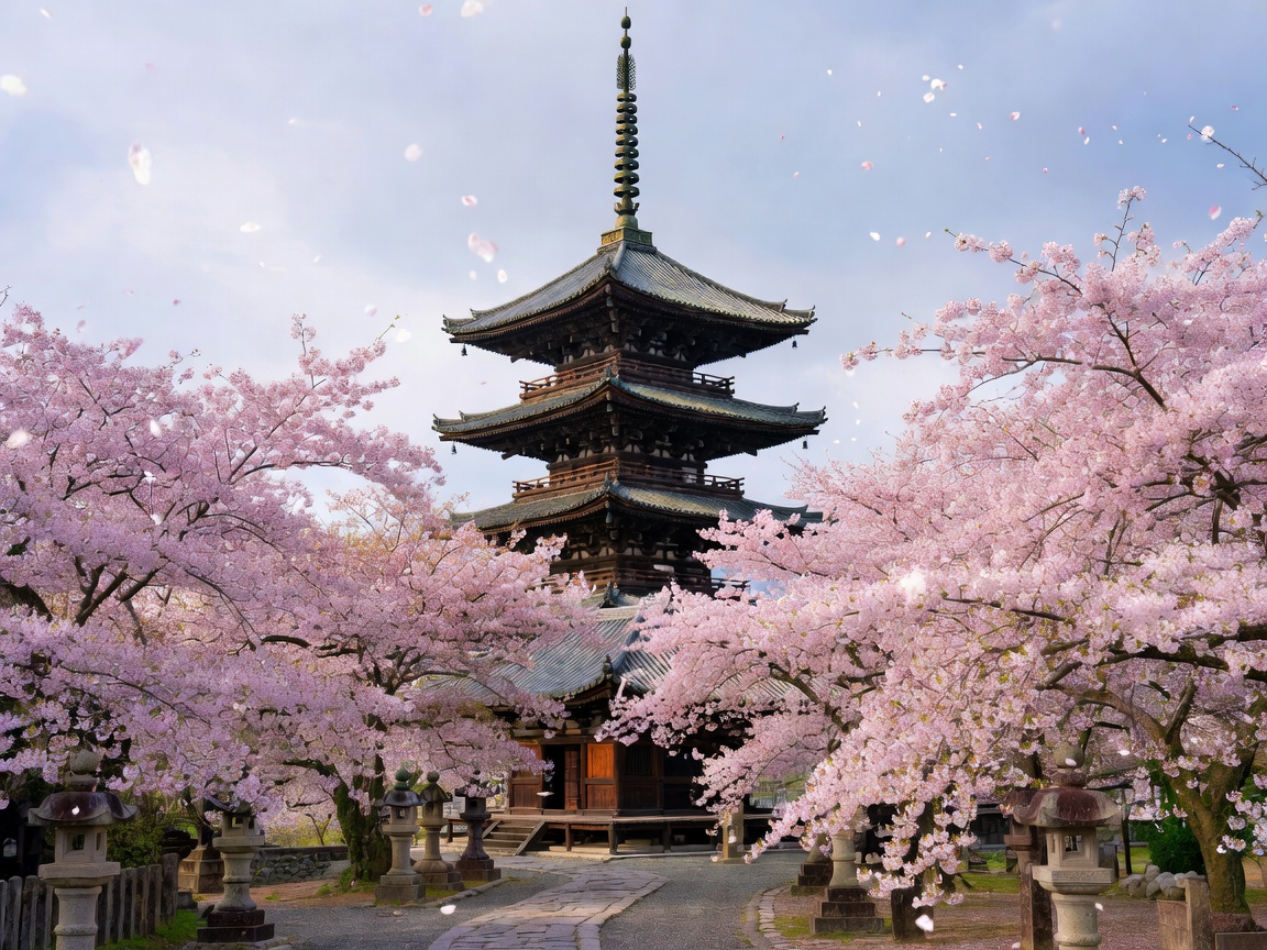 Kyoto traditional pagoda and cherry blossoms