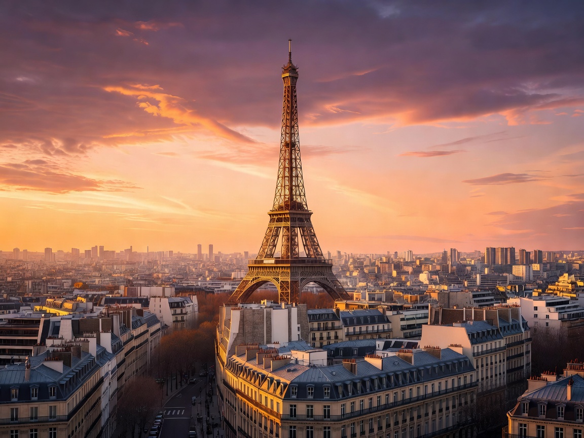 Parisian skyline with the Eiffel Tower in sunset glow