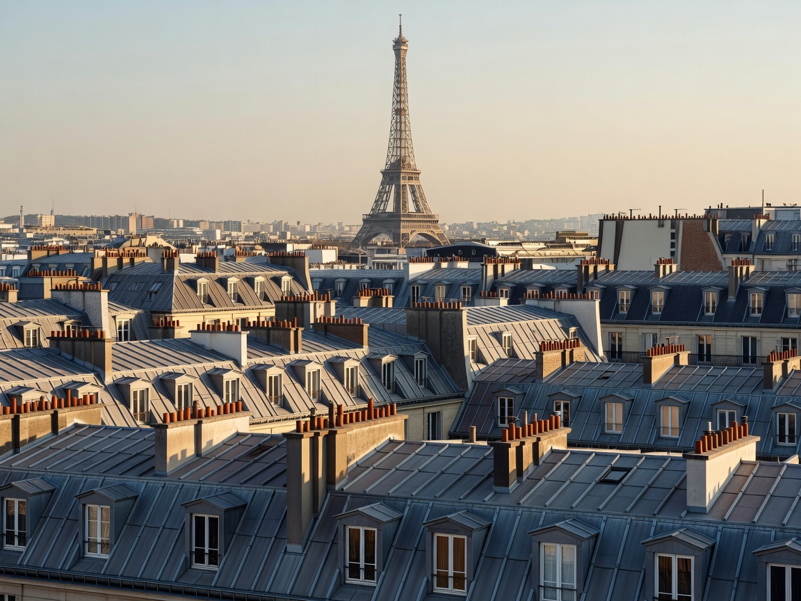 View of Paris rooftop architecture looking towards Eiffel Tower